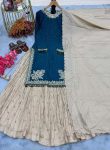 DESIGNER CHINON SILK EMBROIDERY SEQUENCE WITH HOTFIX DIAMOND AND FACE LACE WORK TOP LEHENGA WITH DUPATTA TEAL