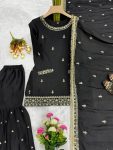 DESIGNER CHINON SILK EMBROIDERY SEQUENCE WORK AND ZARI WORK TOP SHARARA WITH DUPATTA BLACK