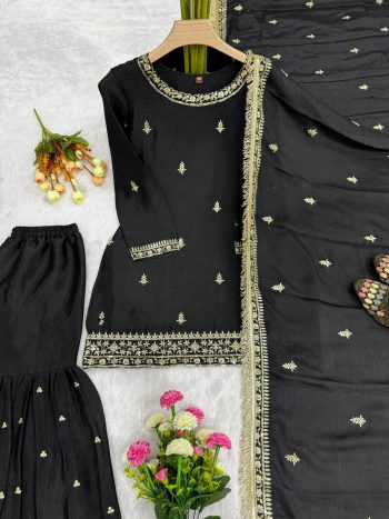 DESIGNER CHINON SILK EMBROIDERY SEQUENCE WORK AND ZARI WORK TOP SHARARA WITH DUPATTA BLACK