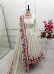 DESIGNER CHINON SILK EMBROIDERY SEQUENCE WORK GOWN BOTTOM WITH DUPATTA  OFF WJITE