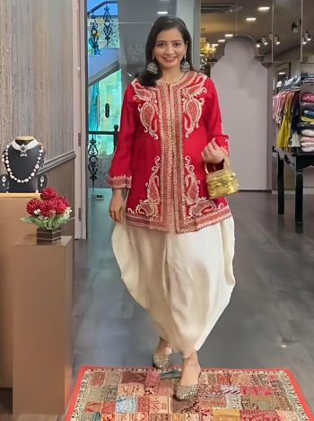 DESIGNER CHINON SILK EMBROIDERY SEQUENCE WORK TOP DHOTI WITH DUPATTA  RED