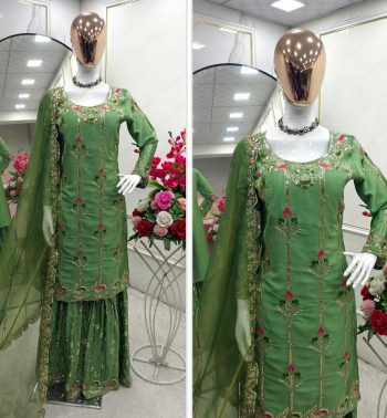 DESIGNER CHINON SILK EMBROIDERY SEQUENCE WORK TOP SHARARA WITH DUPATTA MINT
