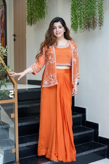 DESIGNER CHINON SILK EMBROIDERY THREAD SEQUENCE WORK BLOUSE DRAPE SKIRT WITH JACKET ORANGE