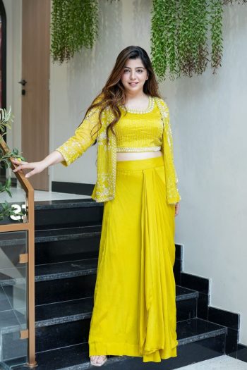 DESIGNER CHINON SILK EMBROIDERY THREAD SEQUENCE WORK BLOUSE DRAPE SKIRT WITH JACKET LEMON