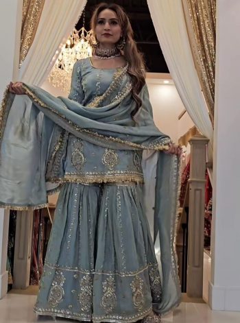 DESIGNER CHINON SILK EMBROIDERY WORK WITH FANCY LACE BORDER WORK TOP SHARARA WITH DUPATTA GREY