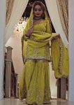 DESIGNER CHINON SILK EMBROIDERY WORK WITH FANCY LACE BORDER WORK TOP SHARARA WITH DUPATTA PARROT GREEN
