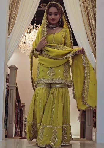 DESIGNER CHINON SILK EMBROIDERY WORK WITH FANCY LACE BORDER WORK TOP SHARARA WITH DUPATTA PARROT GREEN