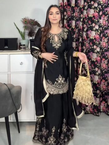 DESIGNER CHINON SILK SEQUENCE EMBROIDERY WORK TOP PALAZZO WITH DUPATTA  BLACK
