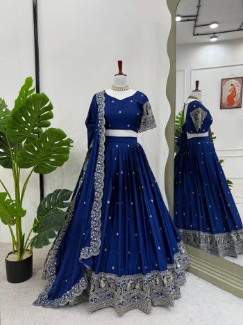 DESIGNER CHINON SILK THREAD WITH SEQUENCE WORK LEHENGA CHOLI WITH DUPATTA NAVY BLUE
