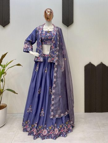 DESIGNER CHINON THREAD SEQUENCE EMBROIDRY WORK  LEHENGA CHOLI DUPATTA WITH KOTI PURPLE