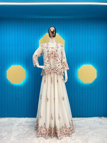 DESIGNER CHINON THREAD SEQUENCE EMBROIDRY WORK  LEHENGA CHOLI DUPATTA WITH KOTI WHITE