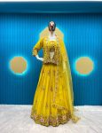 DESIGNER CHINON THREAD SEQUENCE EMBROIDRY WORK  LEHENGA CHOLI DUPATTA WITH KOTI  YELLOW