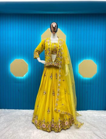 DESIGNER CHINON THREAD SEQUENCE EMBROIDRY WORK  LEHENGA CHOLI DUPATTA WITH KOTI  YELLOW