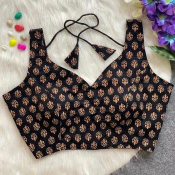 DESIGNER COTTON AJRAKH HAND BLOCK READY TO WEAR STITCHED BLOUSE BLACK
