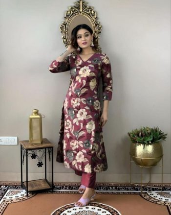 DESIGNER COTTON BLEND DIGITAL PRINTED TOP PANT SET MAROON