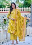 DESIGNER COTTON FLORAL PRINTED EMBROIDERY WORK TOP BOTTOM WITH DUPATTA YELLOW