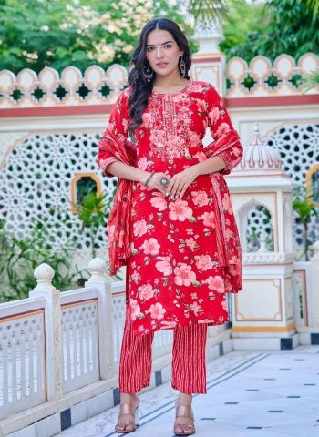 DESIGNER COTTON FLORAL PRINTED EMBROIDERY WORK TOP BOTTOM WITH DUPATTA RED