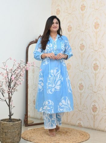 DESIGNER COTTON PRINTED EMBROIDERY HAND WORK NECK DESIGN CO-ORD SET SKY
