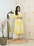 DESIGNER COTTON PRINTED EMBROIDERY HAND WORK NECK DESIGN CO-ORD SET YELLOW