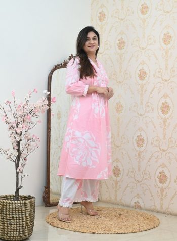 DESIGNER COTTON PRINTED EMBROIDERY HAND WORK NECK DESIGN CO-ORD SET PEACH