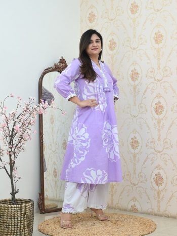 DESIGNER COTTON PRINTED EMBROIDERY HAND WORK NECK DESIGN CO-ORD SET LAVENDER