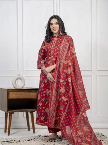 DESIGNER COTTON PRINTED SEQUENCE WORK TOP BOTTOM WITH DUPATTA RED