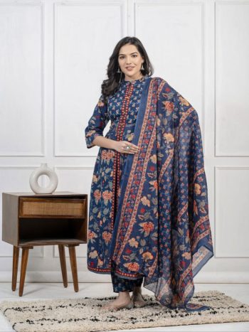 DESIGNER COTTON PRINTED SEQUENCE WORK TOP BOTTOM WITH DUPATTA BLUE