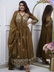 DESIGNER COTTON SILK EMBROIDERED WITH CHICKEN LACE WORK TOP BOTTOM WITH DUPATTA CHIKU