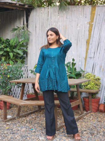 DESIGNER COTTON THREAD WORK ONLY TOP TEAL