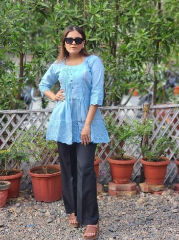 DESIGNER COTTON THREAD WORK ONLY TOP SKY