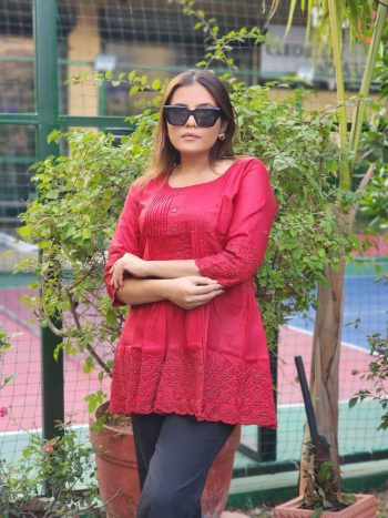 DESIGNER COTTON THREAD WORK ONLY TOP RED