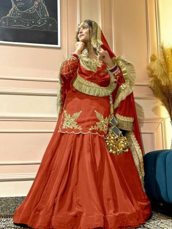 DESIGNER CREEP SILK BEADS HAND WORK WITH SEQUENCE MULTI NEEDLE EMBROIDERY AND ZARI WORK TOP LEHENGA WITH DUPATTA ORANGE