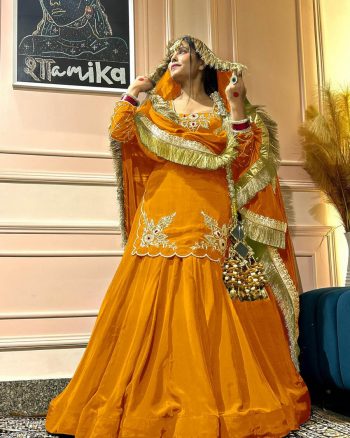 DESIGNER CREEP SILK BEADS HAND WORK WITH SEQUENCE MULTI NEEDLE EMBROIDERY AND ZARI WORK TOP LEHENGA WITH DUPATTA YELLOW