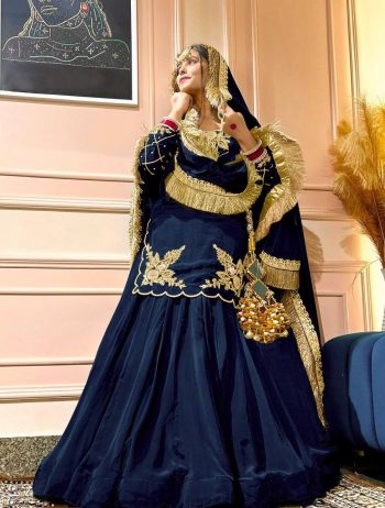 DESIGNER CREEP SILK BEADS HAND WORK WITH SEQUENCE MULTI NEEDLE EMBROIDERY AND ZARI WORK TOP LEHENGA WITH DUPATTA NAVY BLUE