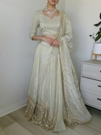 DESIGNER CREEP SILK EMBROIDERY SEQUENCE WORK WITH DIAMOND WORK LEHENGA CHOLI WITH DUPATTA  OFF WHITE