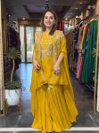 DESIGNER CREPE SILK CODING EMBROIDERY SEQUENCE WORK TOP SHARARA WITH SHRUG YELLOW