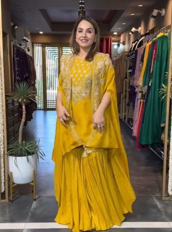 DESIGNER CREPE SILK CODING EMBROIDERY SEQUENCE WORK TOP SHARARA WITH SHRUG YELLOW