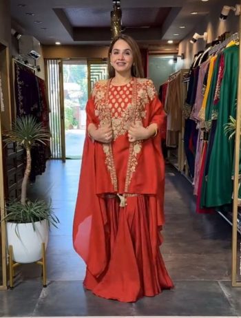 DESIGNER CREPE SILK CODING EMBROIDERY SEQUENCE WORK TOP SHARARA WITH SHRUG ORANGE