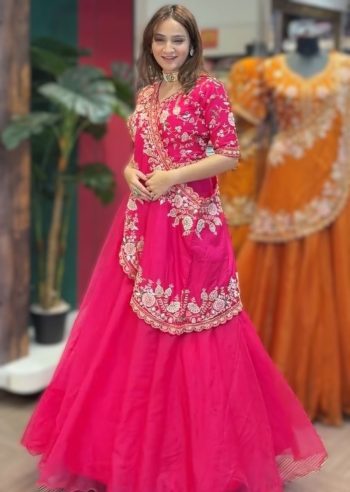 DESIGNER CRUNCHY SILK EMBROIDERY SEQUENCE WORK LEHENGA CHOLI WITH DUPATTA  RANI
