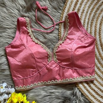 DESIGNER DOLA SILK LACE WORK READY TO WEAR STITCHED BLOUSE PINK