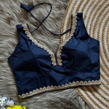 DESIGNER DOLA SILK LACE WORK READY TO WEAR STITCHED BLOUSE NAVY BLUE