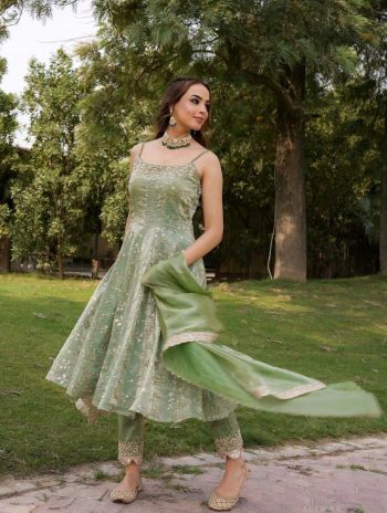 DESIGNER FANDY SILK EMBROIDERY SEQUENCE WORK ANARKALI GOWN BOTTOM WITH DUPATTA MINT