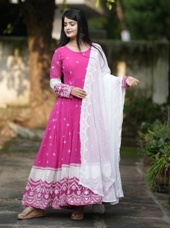 DESIGNER FAUX BLLOMING SEQUENCE  MULTI THREAD EMBROIDERED WORK ANARKALI GOWN BOTTOM WITH DUPATTA PINK