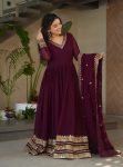 DESIGNER FAUX BLOOMING EMBROIDERY ZARI SEQUENCE WORK GOWN WITH DUPATTA  MAROON