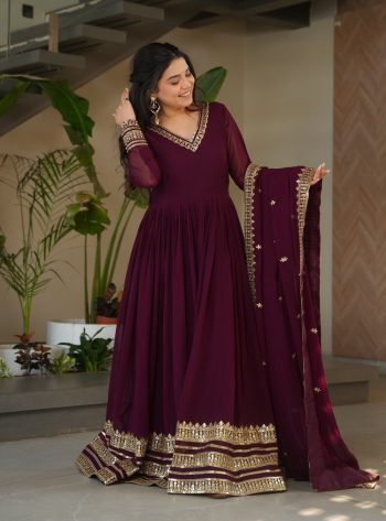 DESIGNER FAUX BLOOMING EMBROIDERY ZARI SEQUENCE WORK GOWN WITH DUPATTA  MAROON