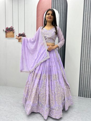 DESIGNER FAUX GEORGETTE EMBROIDERY SEQUENCE WORK LEHENGA CHOLI WITH DUPATTA  LAVENDER