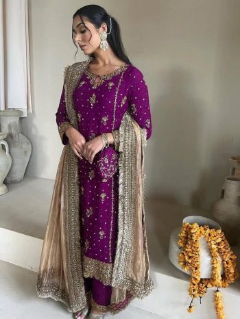 DESIGNER FAUX GEORGETTE EMBROIDERY SEQUENCE WORK TOP PALAZZO WITH DUPATTA PURPLE