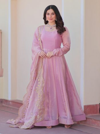 DESIGNER FENDI CHIFFON WITH 12 KALI STITCHEDGOWN WITH SEQUENCE ZARI EMBROIDERY CUT WORK DUPATTA BABY PINK