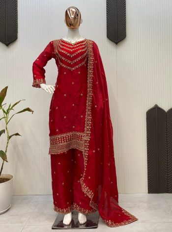 DESIGNER FENDI SILK EMBROIDERY SEQUENCE WORK TOP BOTTOM WITH DUPATTA RED