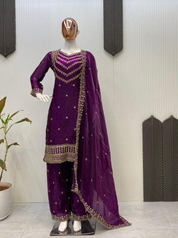 DESIGNER FENDI SILK EMBROIDERY SEQUENCE WORK TOP BOTTOM WITH DUPATTA PURPLE